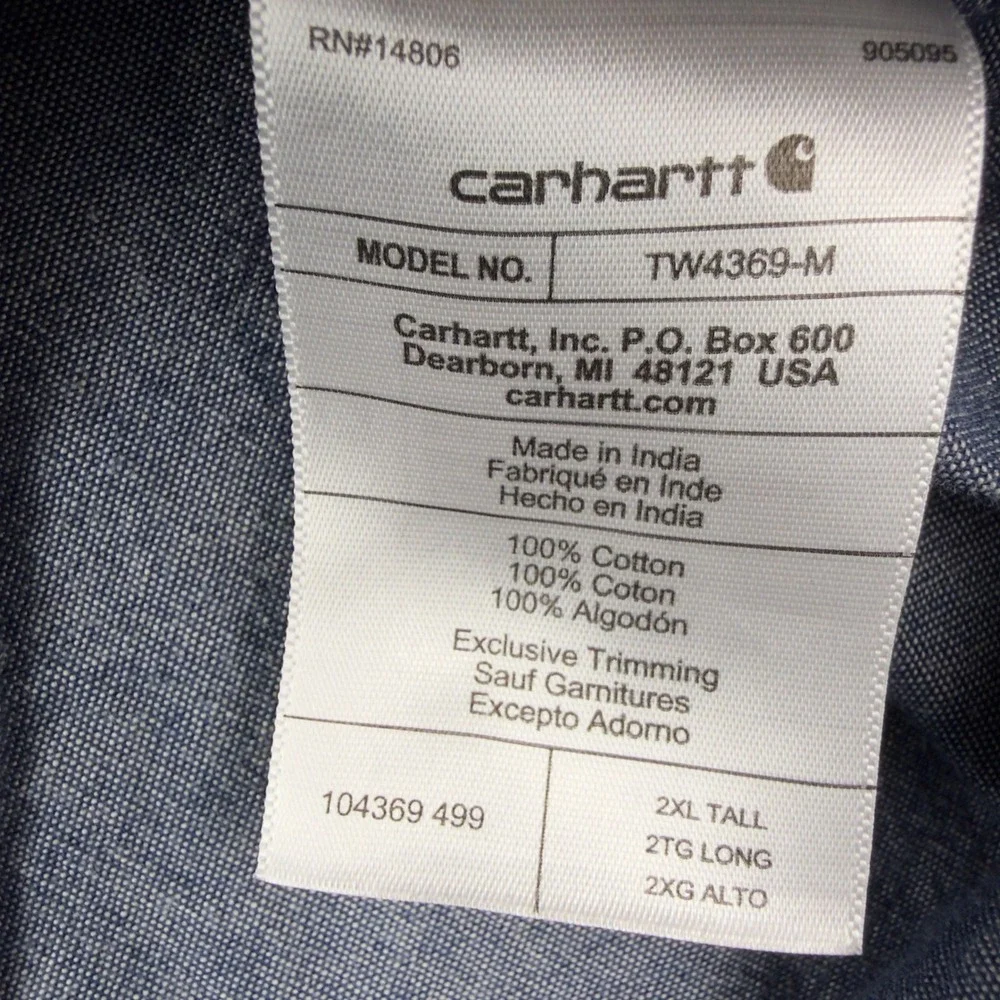 Carhartt Mens 2XL Tall Blue Loose Fit Short Sleeve Chambray Shirt TW4369-M
